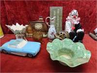 Ceramic car bank, decanter, clown, sign.