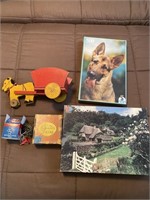 Old wood toy cigar box, 2 puzzles