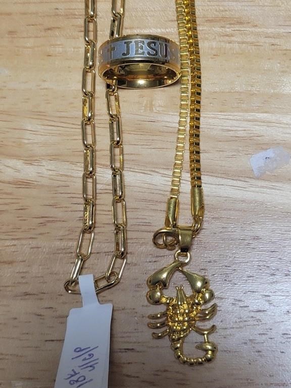 (2) Goldtone Chains & Jesus Ring