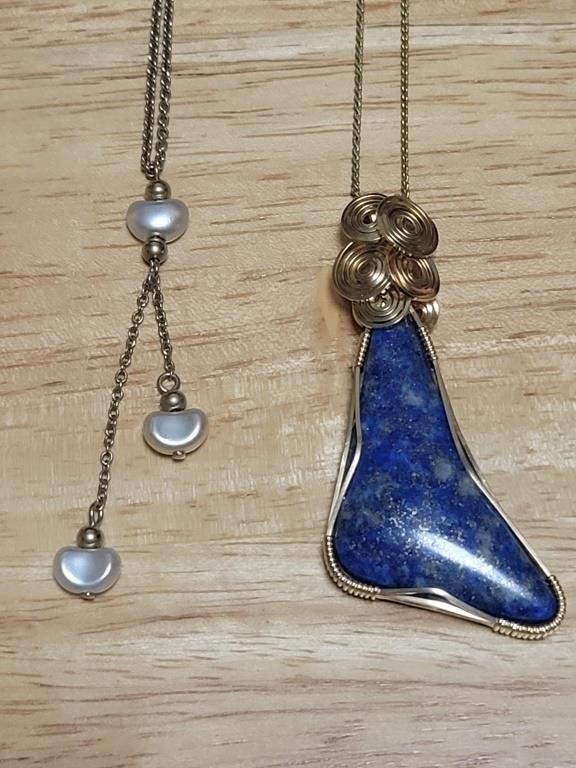 Wire-Wrapped Lapis & Pearl-like Avon Necklace