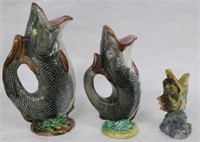 3 MAJOLICA FIGURAL FISH PITCHERS, 19TH C., NO