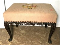 Vintage Hand Carved Bench with Needlepoint Top