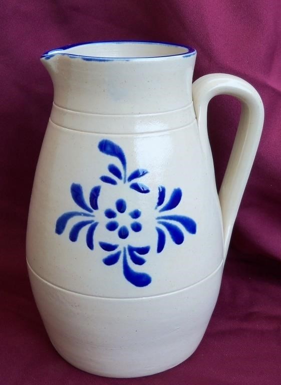 Vintage Blue Decorated Stoneware Pottery Pitcher