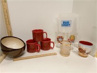 Soup Bowls, Red Plaid Soup Mugs, Budweiser Glass