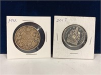 1912 Can Silver and 2017 50 cent pieces