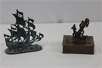 Sm Bronze Anchor Storage Box & Metal Ship Figurine