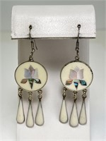 Vint Large Sterling(Mexico) Abolone Inlay Earrings
