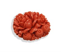 Chinese Carved Coral Flower Plaque