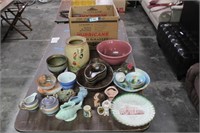 Home Decor Lot of Vases, Brass Footed Bowl, Wood