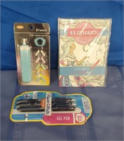 Eraser, adult coloring book and 3 pack gel pens