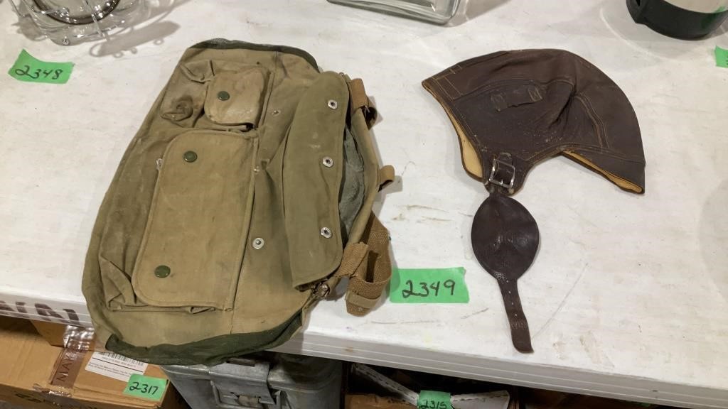 WW 1 flyers helmet, and bag