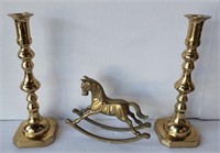 Brass Rocking Horse and Brass Candlesticks