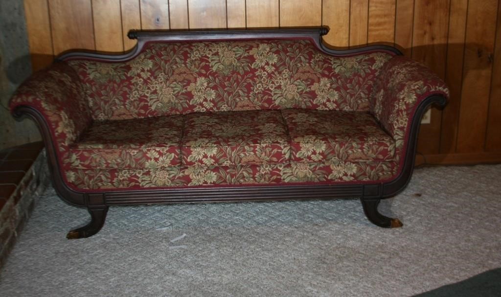 Antique Mahogany Tone Sofa with Metal Toes on Legs