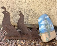 Metal Quail Figurine + Painted Rock