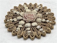 Vintage boho seashell decorative trivet, 7" diam.