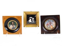Two Antique Miniature Paintings and Framed Carving