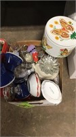 Variety box of glassware, tin, cups, etc.