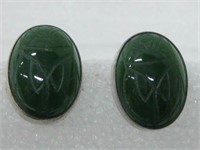 Vtg Sterling Silver & Carved Green Agate Earrings