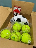 5 New Dudley softballs, soccer ball & sleeve