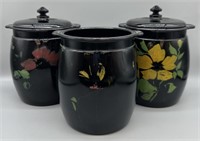 3pc Black Glass Jars w/Painted Flowers
