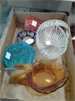 Glassware--clear basket, amber swan, misc