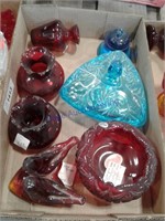 Glassware--Ruby red, blue, lovebirds, dish, etc