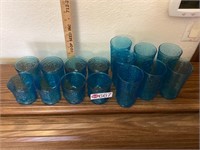 Blue drinking glasses- 7 water glasses and 8