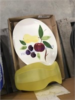 Fruit platter, yellow satin vase