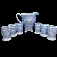 DELPHITE BLUE GLASS PITCHER  6 TUMBLER SET DAHLIA