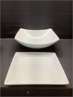 2 white porcelain servers large bowl 13.5'sqx4"h