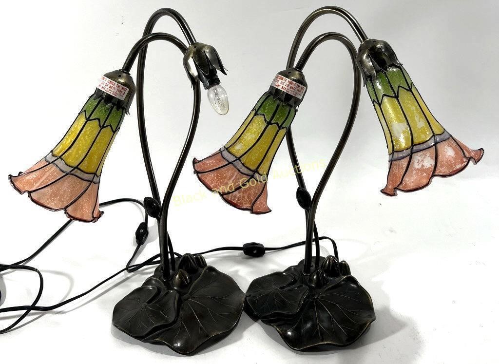 (2) Lily Pad Tiffany Multi Color Floral Lamps