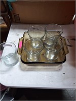 Baking dish and 5 juice glasses