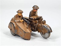 ANTIQUE LEAD MILITARY MOTORCYCLE W/ SIDE CAR