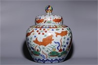 Chinese Wucai Cover Jar Vase,Jiajing Mark