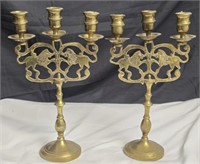 Pair of Brass 2 Lions Candle Stick Holders
