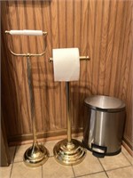2 Brass Toilet Paper holders, Stainless Trash Can