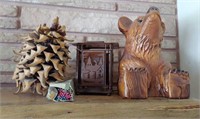 Wood Carved Bear, Candle Holder & More