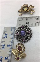 D2) THREE BROOCHES, AMETHYST & RHINESTONES, SARAH