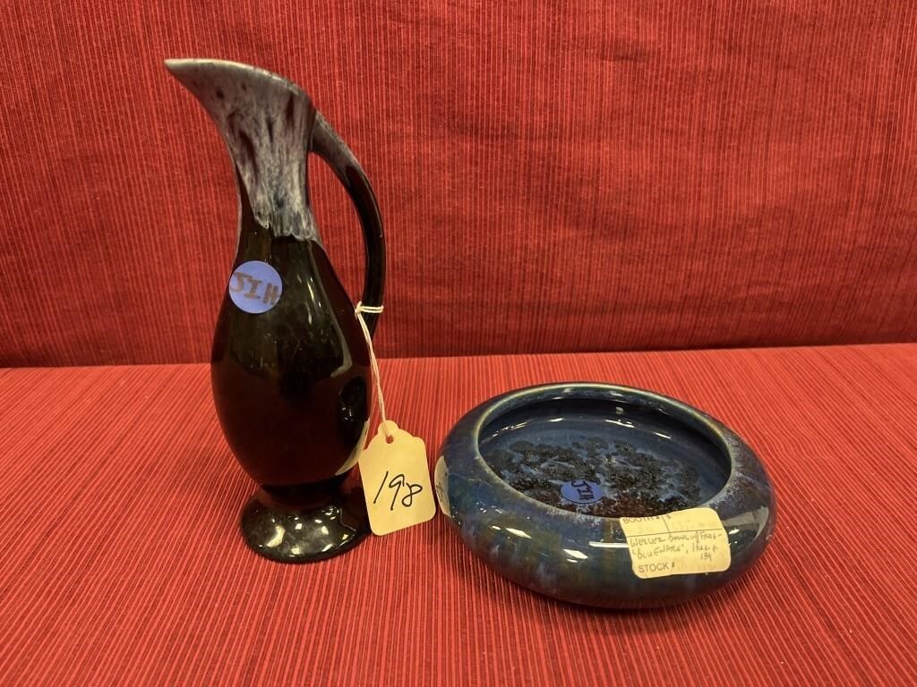 Van Briggle small ewer 8”, Weller bowl blue ware