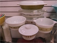 Seven Pyrex items including Green Butterfly