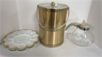 Large ice bucket, (2) egg plates, (1) coffee pot
