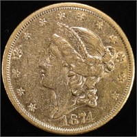 1874-S $20 GOLD LIBERTY T-2 AU