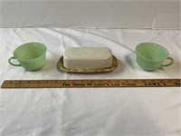 MCCOY BUTTER DISH AND 2 FIRE KING JADEITE CUPS