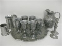 12 Pieces Assorted Pewter Items - 10" Pitcher
