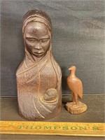 Antique carved African bust and carved bird