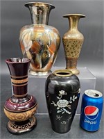 4 Vases - Brass, Mother of Pearl, Handcrafted Wood