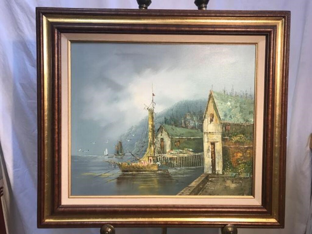 "Ocean Harbor with Sailboat" Oil on Canvas