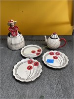 Cookie Jar, Tea Pot & 3 Plates, Poppies, Appletree