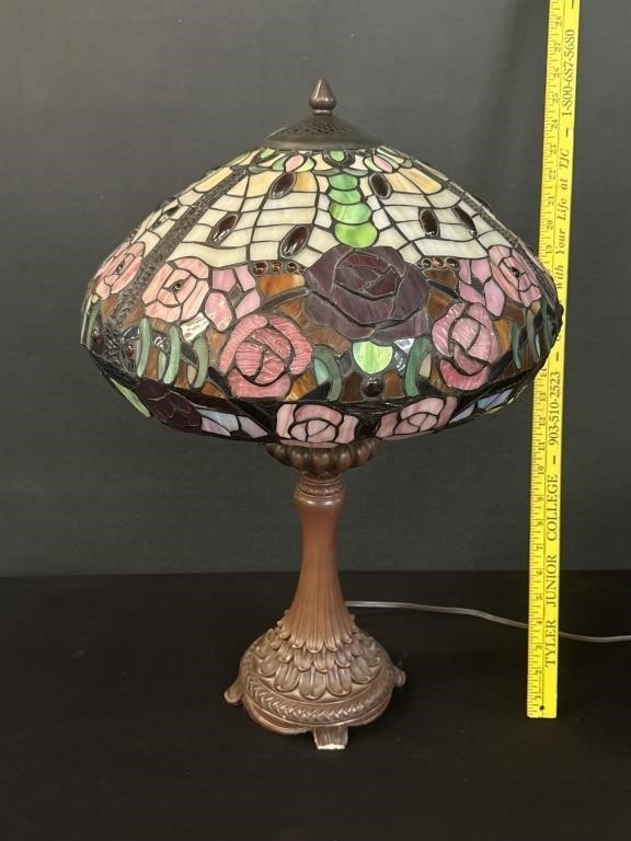 Leaded Stained Glass Rose Lamp Metal Base