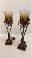Pair of glass and metal brown lamps